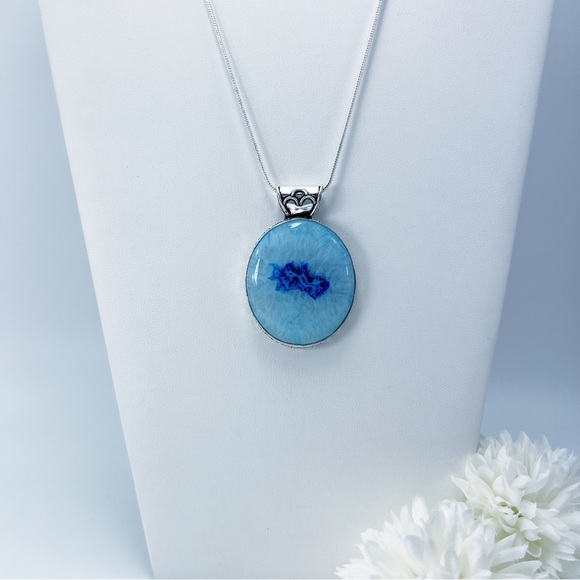 Large SOLAR AGATE Pendant. Sterling Silver 925 Blue Oval Vintage New - Picture 2 of 5